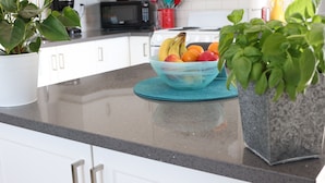 A kitchen counter with a bowl of fruit, a microwave, and white cabinets. - LOCATION LOCATION LOCATION! IMMACULATE 1 BEDROOM SUITE-ULTRA PRIVATE AND UNIQUE! (Victoria)