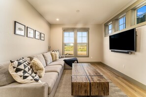 Smart TV, chimenea y estéreo 