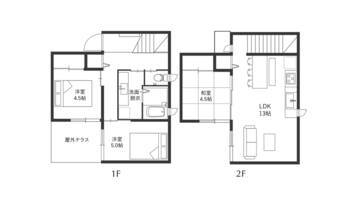 Floor plans of two hotel rooms, each with a bathroom, a living area, and a bedroom. Room 1 has an additional balcony. Room 2 includes a kitchenette.