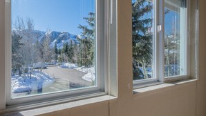 Ein Fenster mit Blick auf schneebedeckte Berge und Bäume.