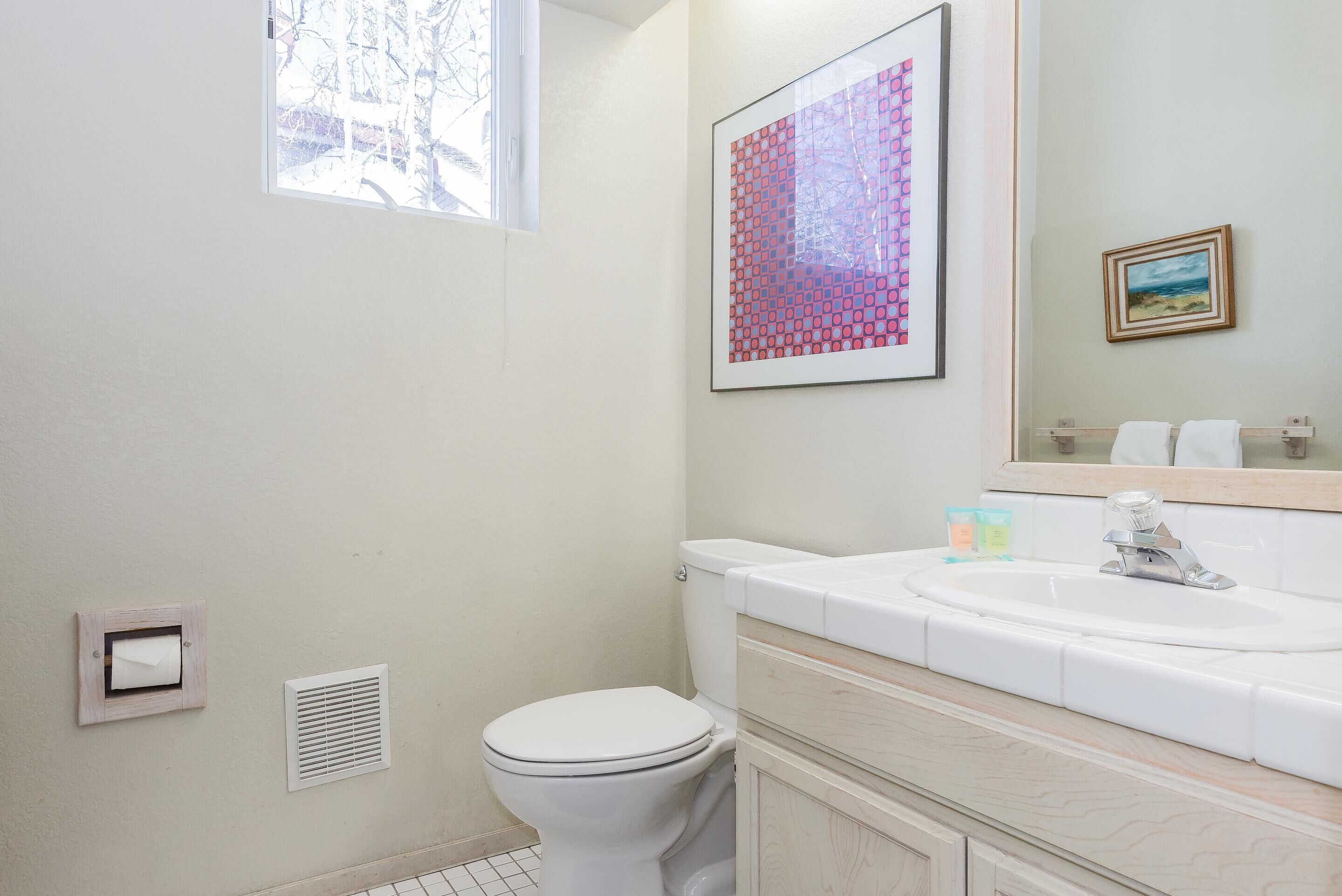 A bathroom with a toilet, sink, and mirror. There is a window providing natural light and a framed picture on the wall.