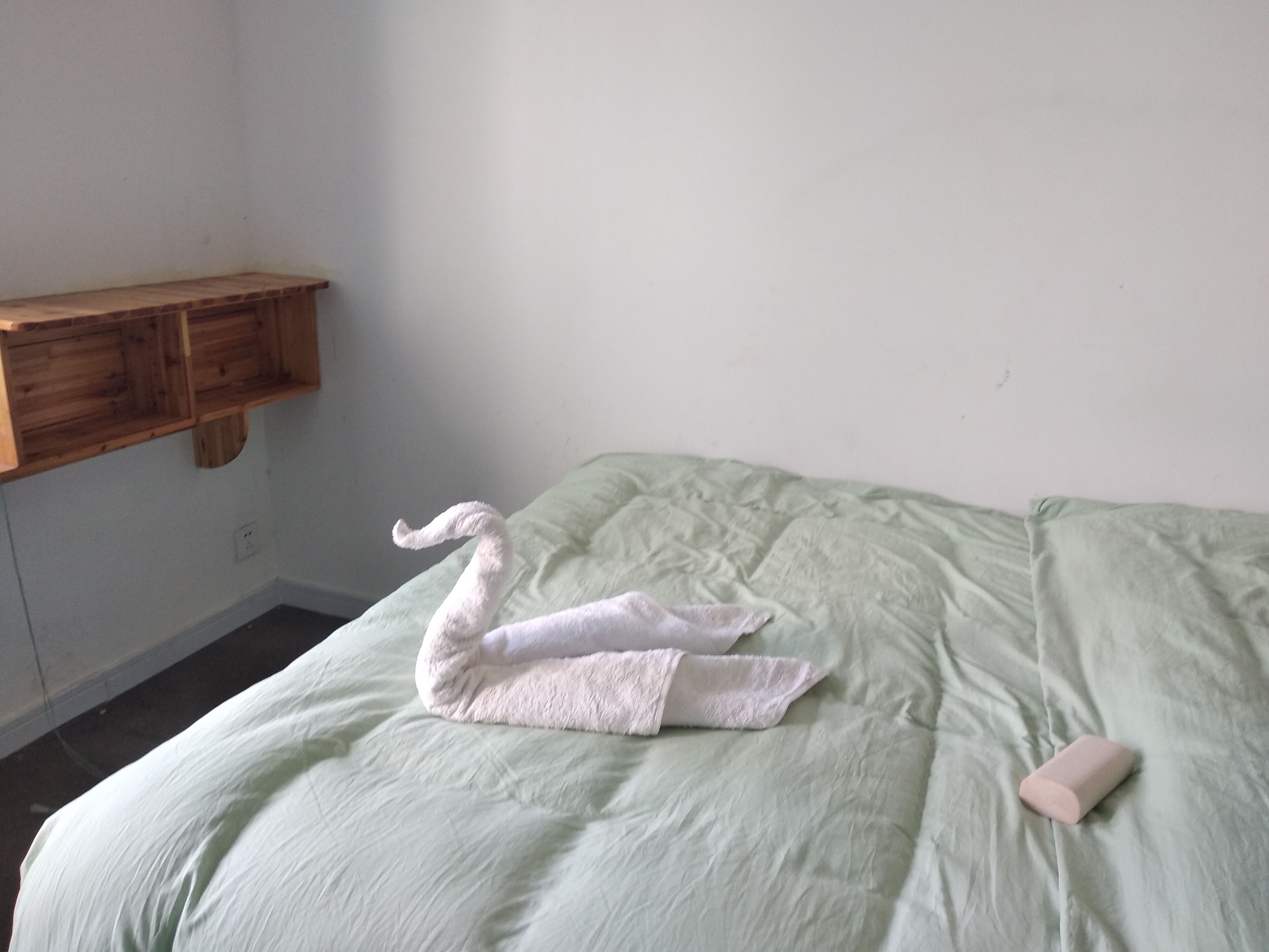 A bed with a green blanket, a white towel shaped like a swan, and a pink object on the bed.