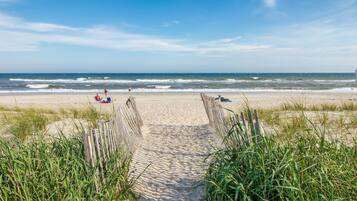 On the beach, sun loungers