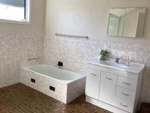 Bathtub, hair dryer, soap, toilet paper