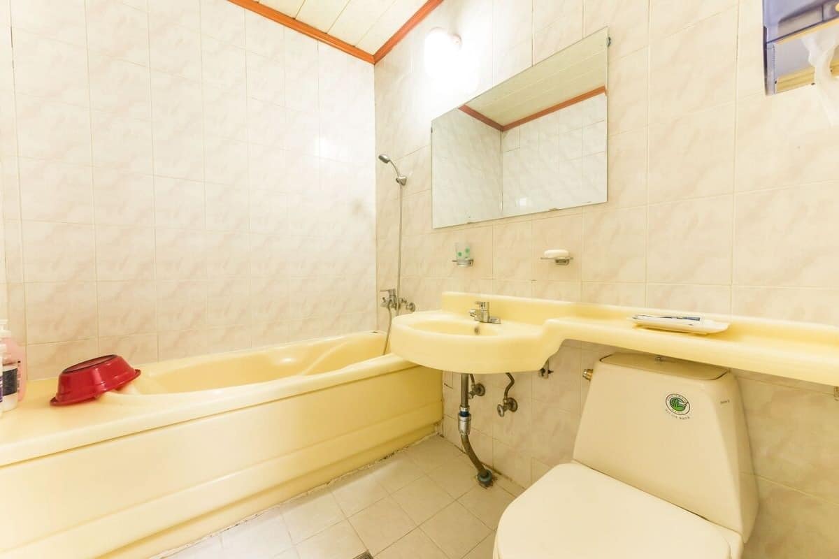 Separate tub and shower, free toiletries, hair dryer, slippers