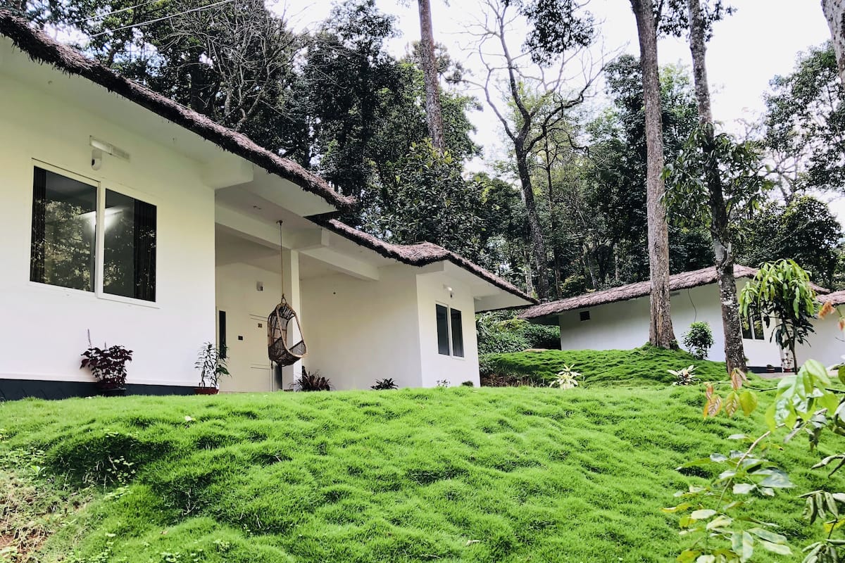 Un edificio blanco con techo de paja, rodeado de exuberante follaje y árboles.