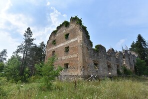 An abandoned stone building with multiple windows and a partially intact roof, surrounded by dense forest.