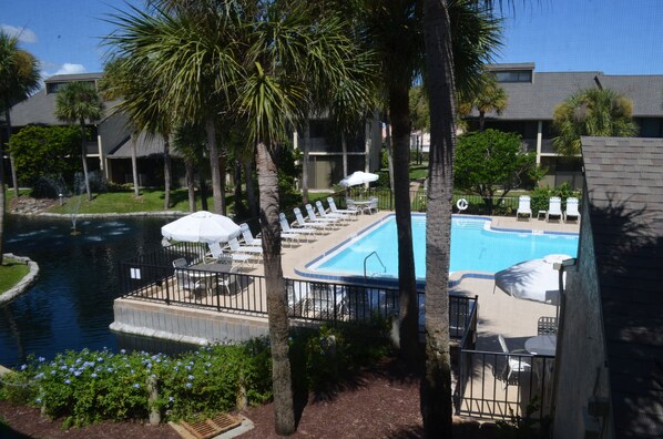 A swimming pool with lounge chairs and umbrellas, surrounded by palm trees and a building in the background. - VDP 59 - Relax and enjoy your vacation in this Gold-rated condo overlooking the pool. (Saint Augustine)