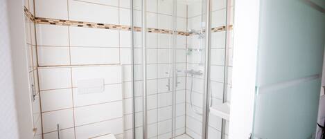 Un baño con ducha de vidrio, inodoro y lavamanos.