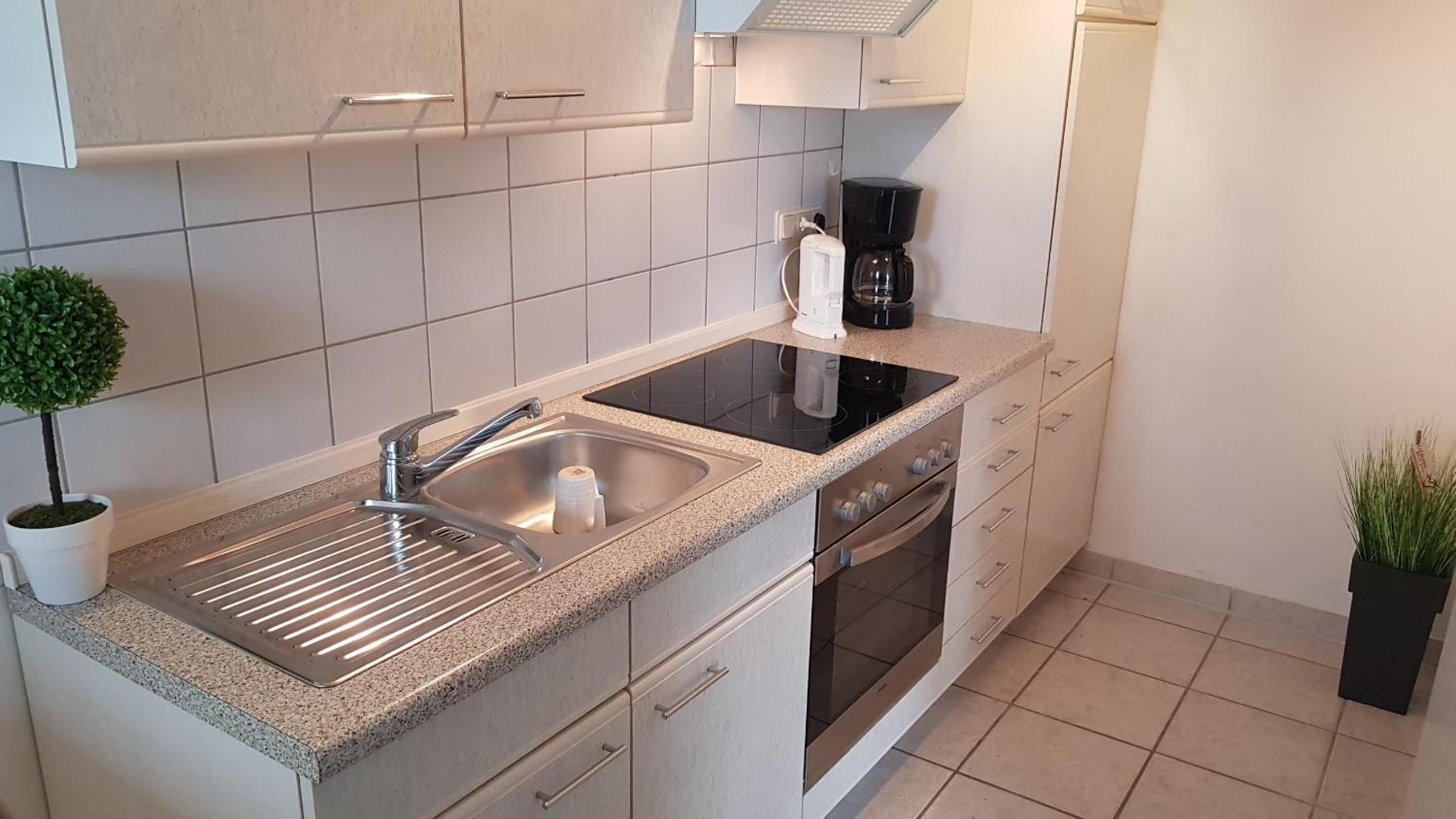 Una cocina moderna con un lavamanos de acero inoxidable, un horno empotrado y una cafetera.