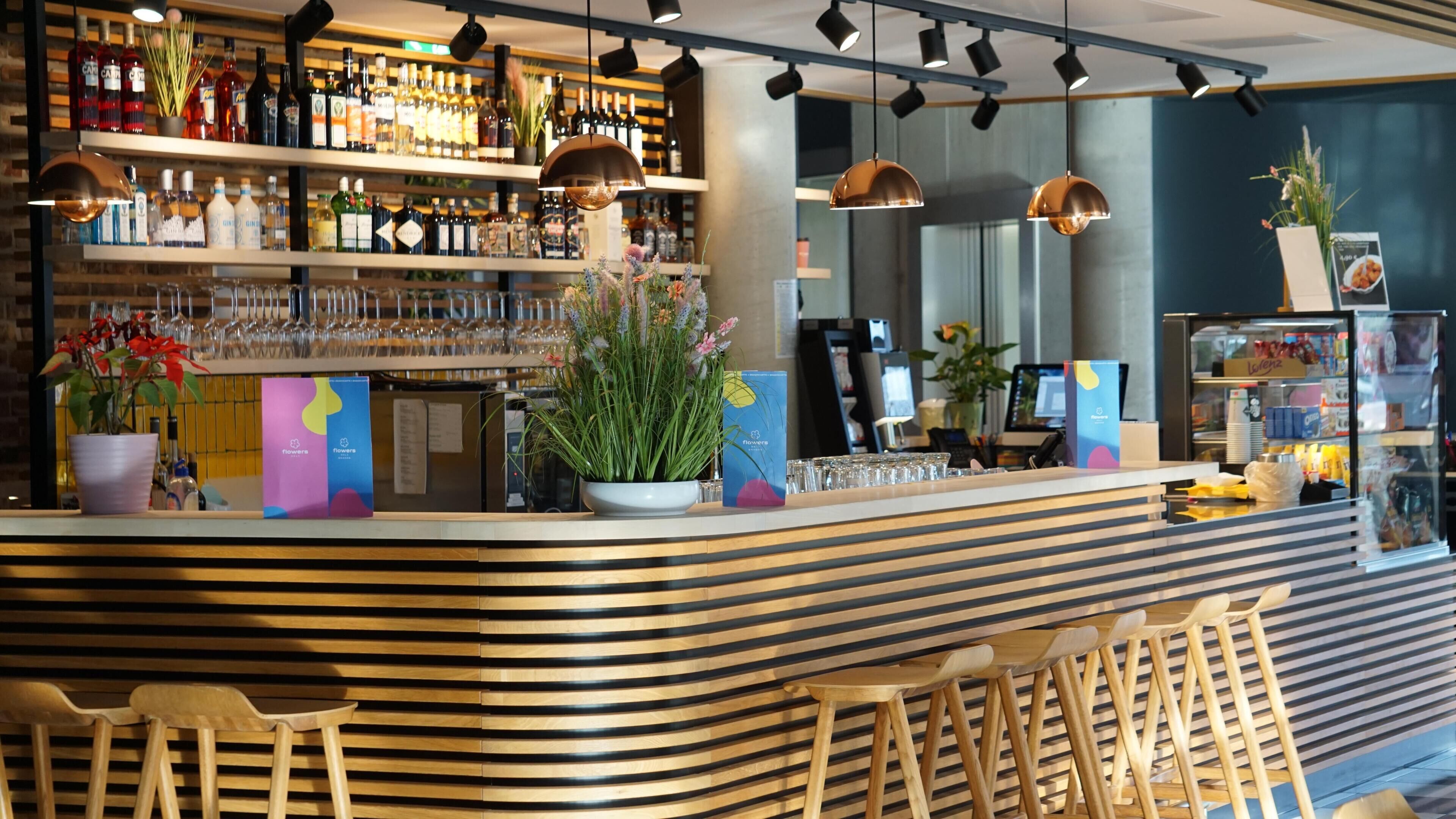 Zona de bar con estantes llenos de botellas, una planta en maceta y una barra con taburetes.