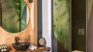 Shower, rainfall showerhead, free toiletries, hair dryer