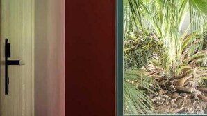 A room with a wooden door, a red wall, and a large window with a view of green plants. - Artion City Boutique Hotel (Heraklion)