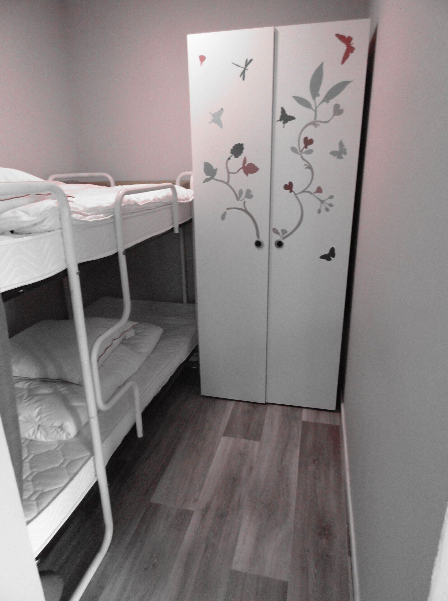 A bunk bed room with a wardrobe featuring floral and butterfly decals.