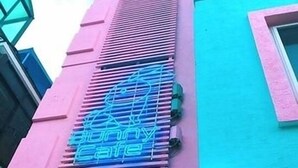 A building with a pink and blue facade, a neon sign reading "Johnny Cafe," and a window with horizontal blinds. - Fanhua (Seoul)