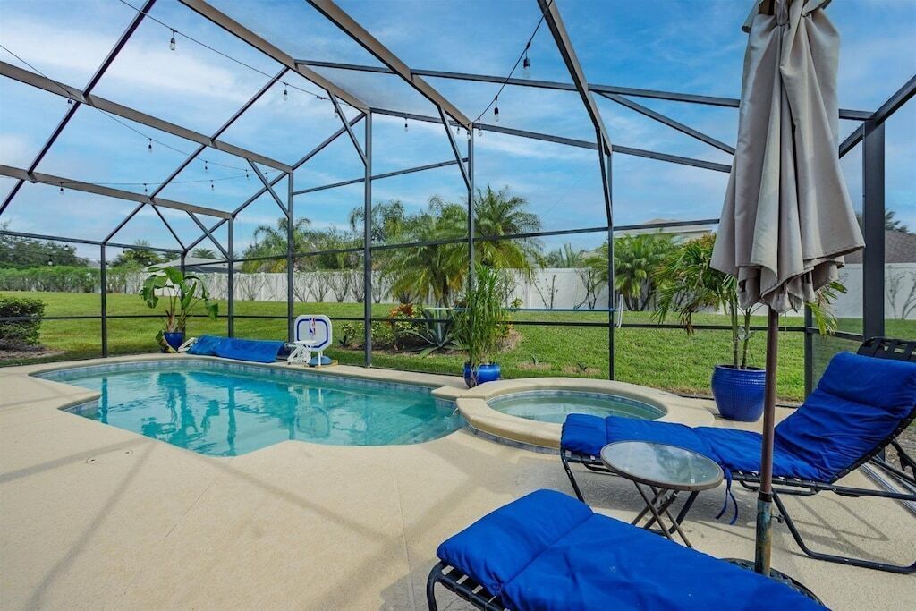 A heated pool, pool loungers
