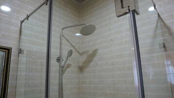 Hair dryer, towels, soap, shampoo