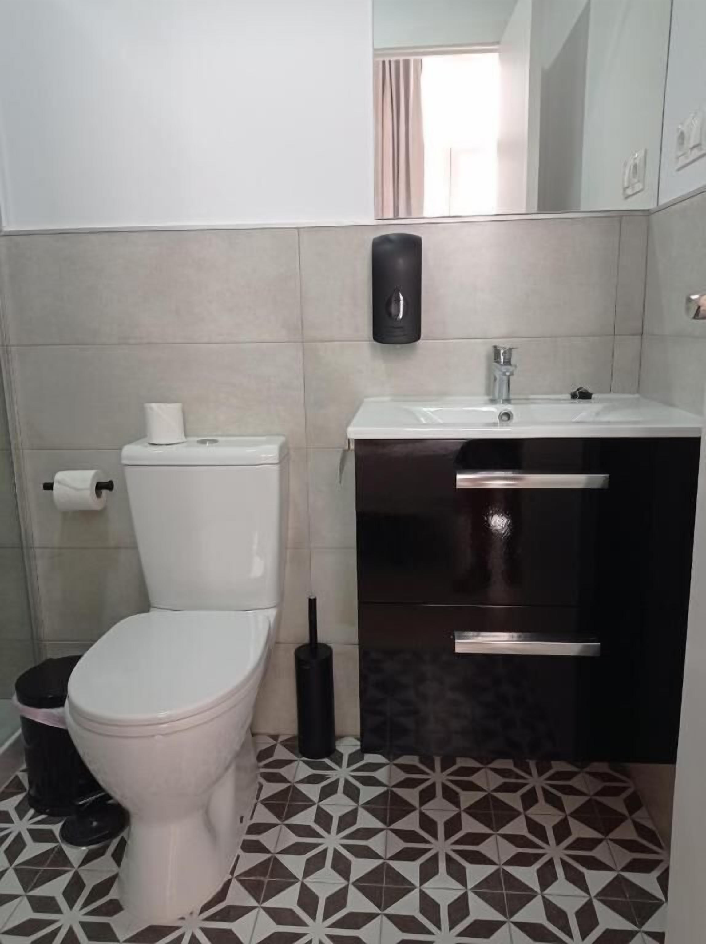 Un baño con un inodoro blanco, un cubo de basura negro, un escobillón de inodoro negro, un lavamanos blanco con grifo plateado y un espejo sobre el lavamanos.