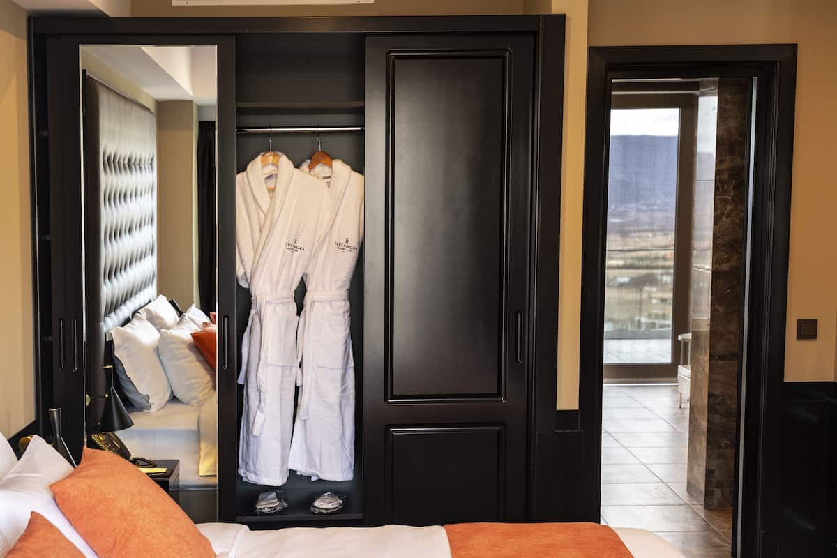 A hotel room with a bed, a robe rack with two robes, a mirror, and a view of the outside.