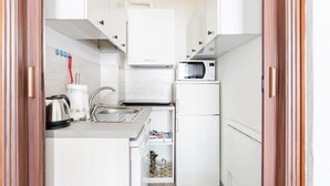 A compact kitchen with white cabinetry, a microwave, a kettle, and a sink. - GuestHost - Lovely studio apartment complete with all major amenities (Milano)