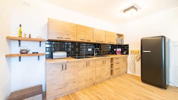 Apartamento de diseño, 1 cama de matrimonio grande, patio, vistas al patio | Cocina privada | Frigorífico grande, microondas y placa de cocina