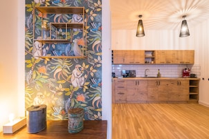 Full-size fridge, microwave, stovetop, espresso maker