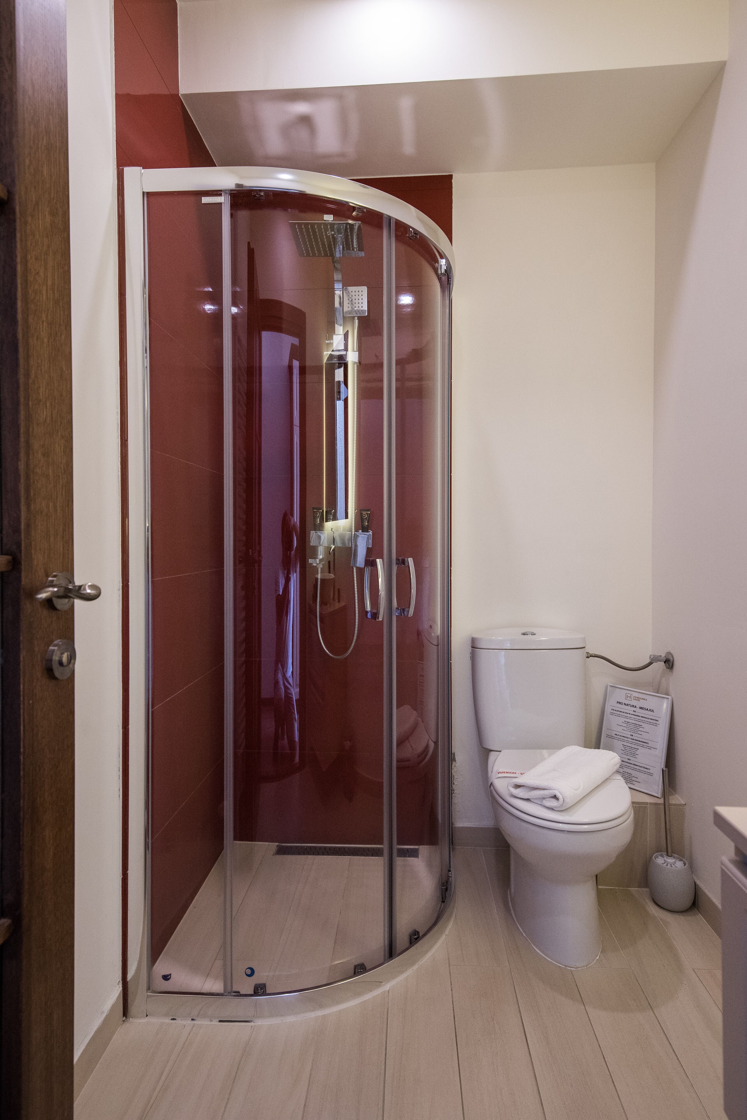 Une salle de bain moderne avec une douche à parois de verre, des toilettes blanches et un plancher en bois.