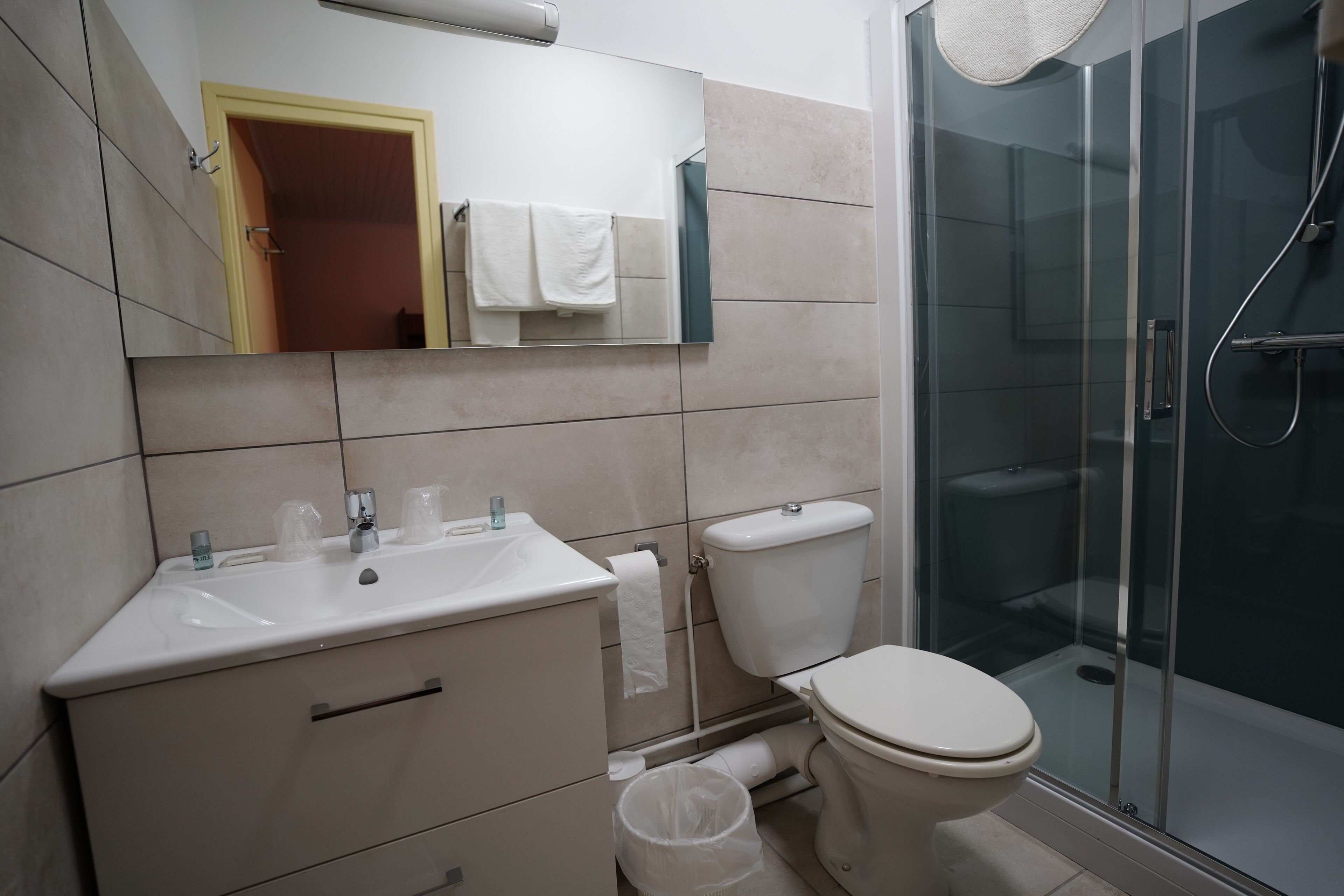 Een badkamer met een wastafel, toilet en douchecabine.