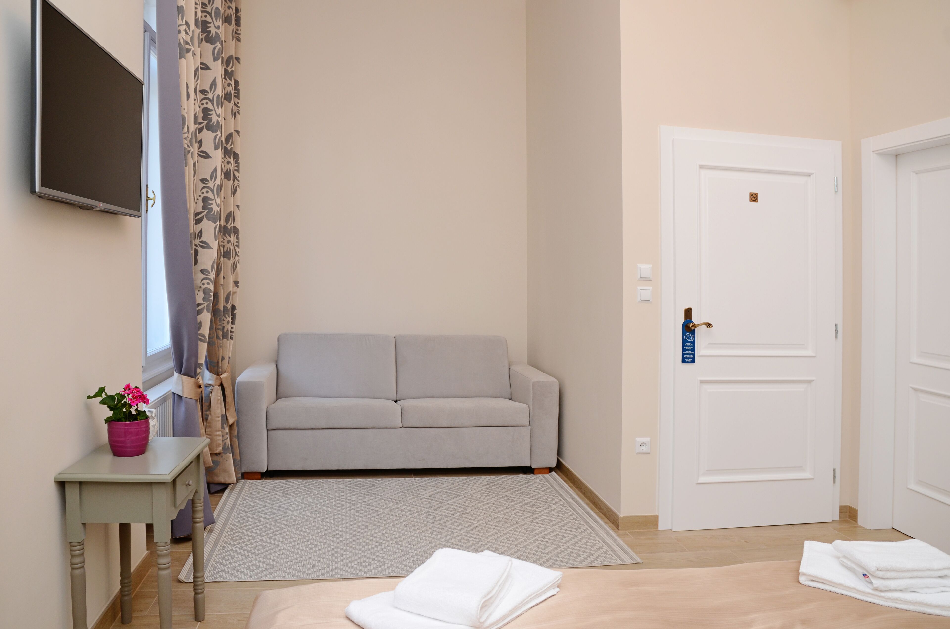 A small, neatly arranged room with a grey sofa, a small table with a potted plant, a white door, and a flat-screen TV mounted on the wall.