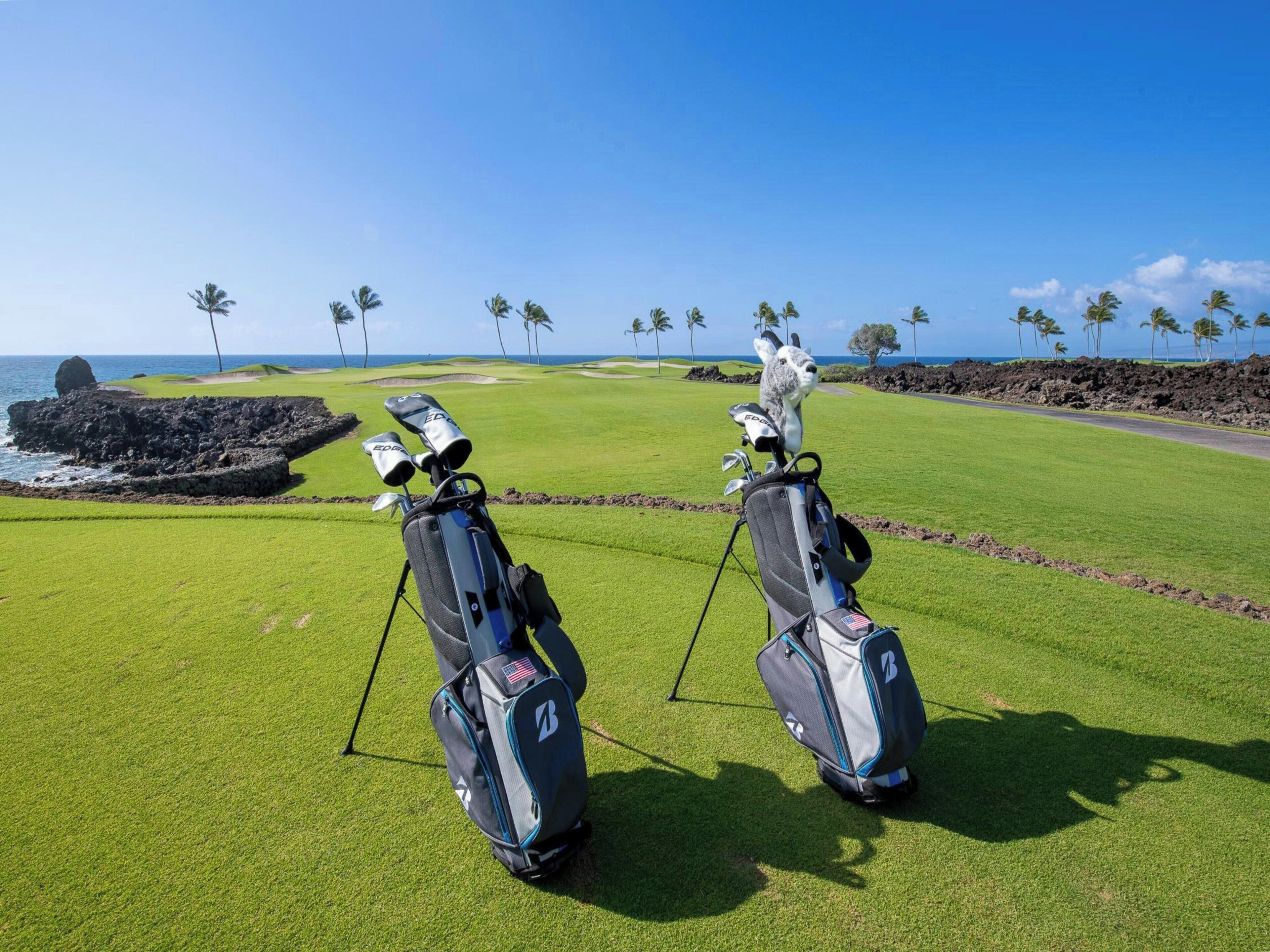 A golf course with two golf bags and a llama statue.