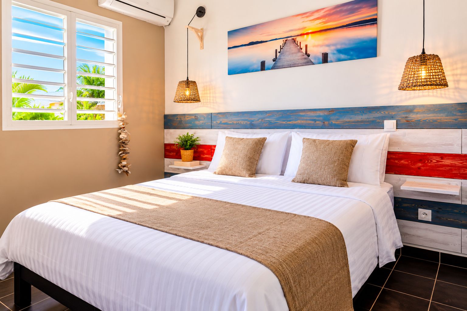 A bedroom with a bed, a wall-mounted shelf with a plant, a painting of a sunset, and a hanging light fixture.