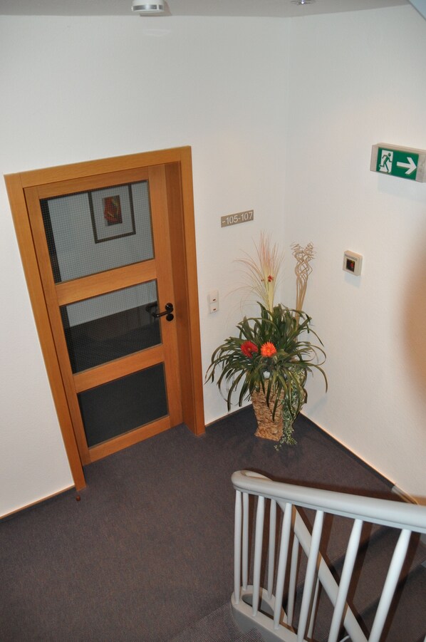Eine Treppe mit einer Holztür und einem Blumentopf.