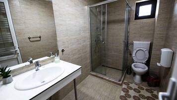 A bathroom with a glass-enclosed shower, a toilet, and a sink with a mirror.