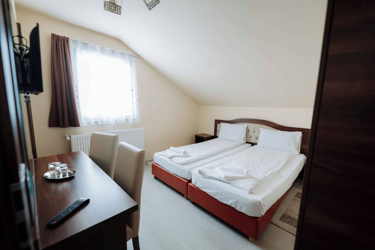 A bedroom with two beds, a desk with a remote control, a chair, a window with curtains, and a radiator.