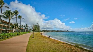A beachfront hotel with a concrete walkway, palm trees, and ocean views. - 1 Bedroom Garden View Condo  3rd Floor H304- Pono Kai (Kapaʻa)