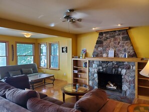 Smart TV, fireplace, books