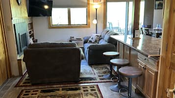 TV connectée, cheminée, lecteur de DVD, livres