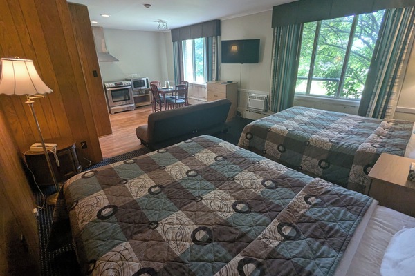 Premium Studio Suite, 2 Queen Beds, Kitchenette, Garden View | Desk, laptop workspace, blackout drapes, iron/ironing board