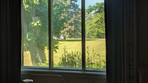 A room with a large window overlooking a grassy area with trees and a parked car.
