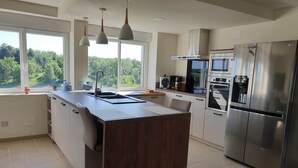 A modern kitchen with a central island, stainless steel appliances, and large windows offering a view of greenery.
