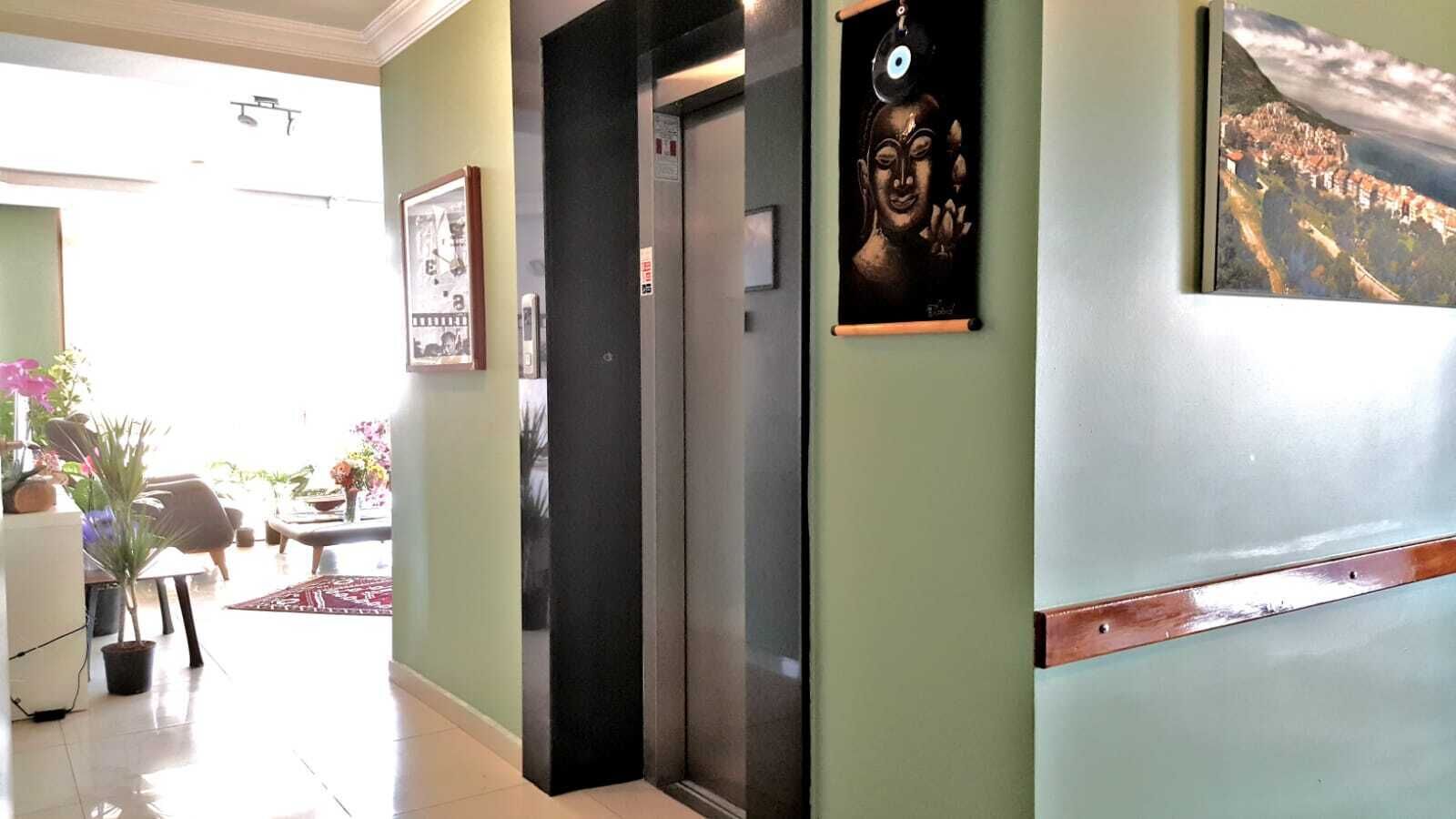 A hallway with a door leading to a room, a framed picture on the wall, and a potted plant.