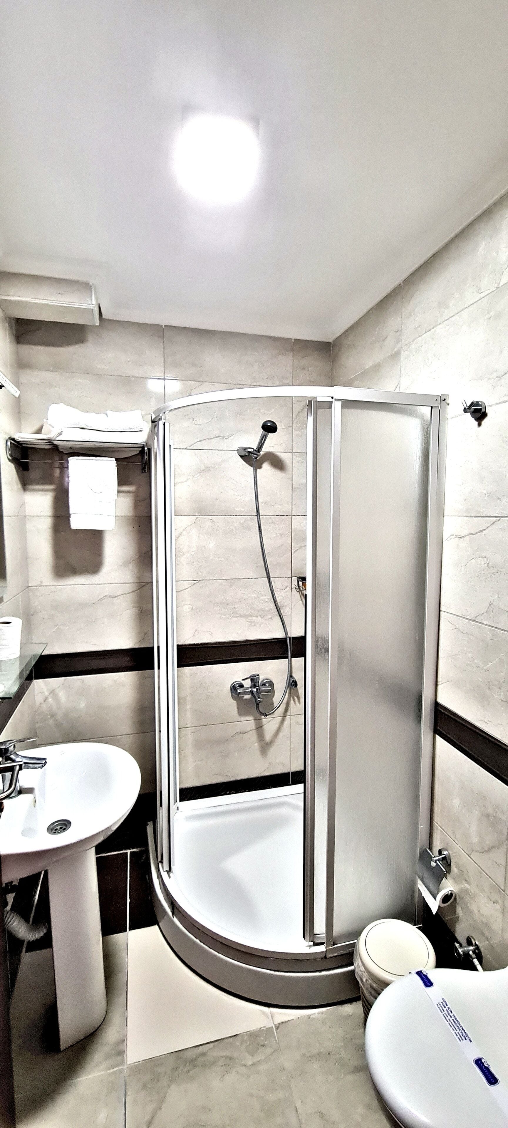 A modern bathroom with a glass-enclosed shower, a sink, and a toilet.