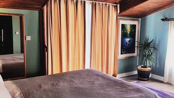 Un dormitorio con cama, cortinas, un cuadro enmarcado y una planta en maceta.