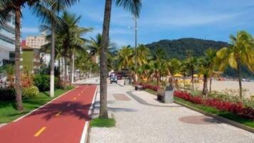 Un camino pavimentado con carril bici rojo, palmeras y una playa al fondo.