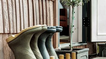 A pair of boots on a wooden stand with a potted plant beside a wooden door.