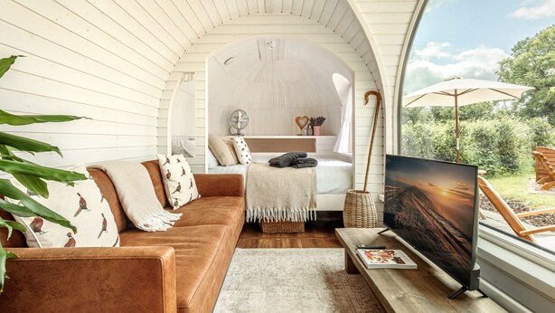 A cozy living room with a brown sofa, a TV, and a window overlooking greenery. - Oak Mead (Wrexham)