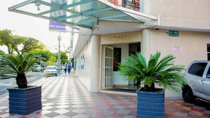 Entrada de hotel con toldo de cristal, palmeras y un piso con estampado de cuadros.