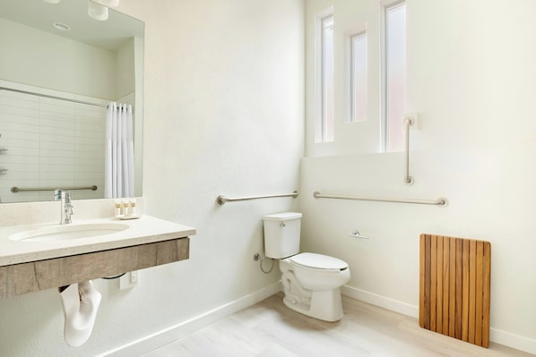 Studio, 1 Queen Bed (Mobility Accessible w/ Roll-in Shower) | Bathroom | Designer toiletries, hair dryer, towels