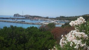 Marina costera con barcos amarrados, rodeada de vegetación y terreno rocoso.