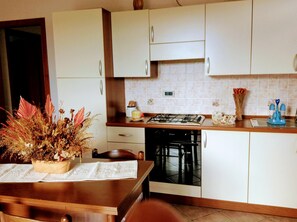 Kühlschrank, Ofen, Herdplatte, Kochgeschirr/Geschirr/Besteck